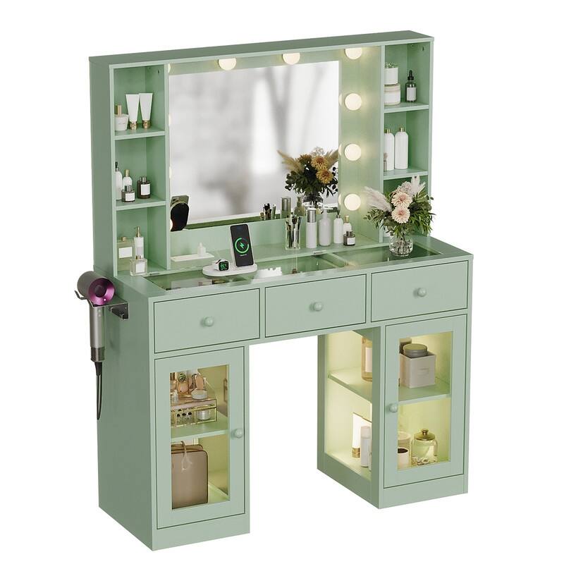 Particle Board Veneered 3 Drawers 2 Glass Doors Left and Right 2-tier Shelves Glass Tabletop Dressing Table - N/A - Green