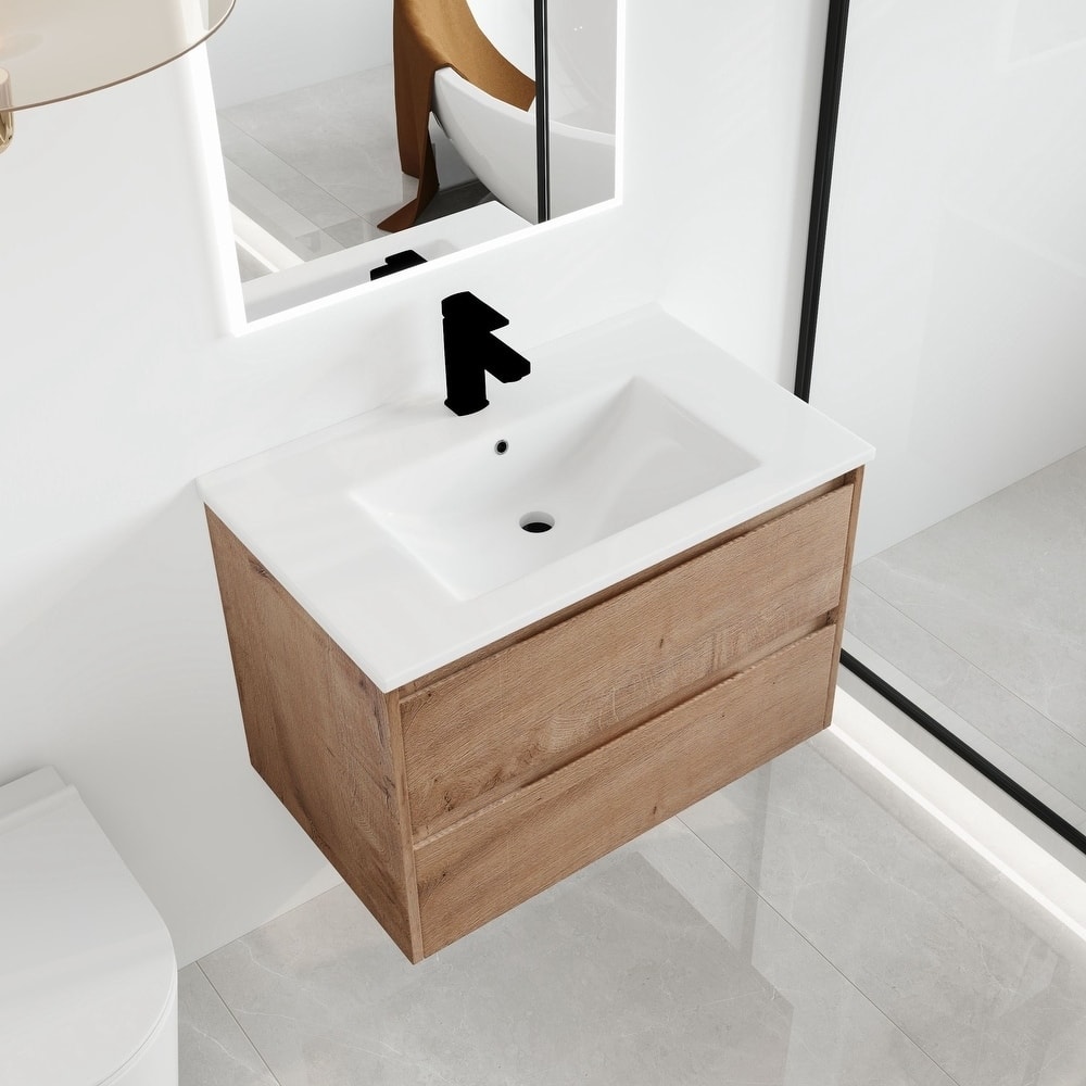 Malwee 24"/30" Floating Bathroom Vanity, Wall Mounted Bathroom Vanity with Ceramic Sink,2 Soft Close Drawers