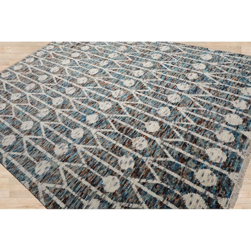 Hand Knotted Ivory, Turquoise Oushak Wool Art Deco Oriental Area Rug - 7' 11'' x 10' 3''