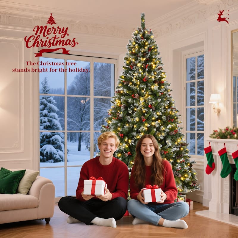 9ft Pre-Lit Pre-Decorated Pine Hinged Artificial Christmas Tree with 1740 Flocked Frosted Tips, Metal Base