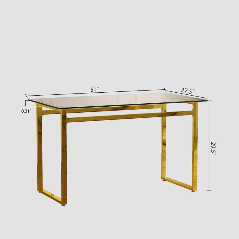5-Piece Glass Dining Table Set with Gold Metal Legs and 4 PU Upholstered Chairs