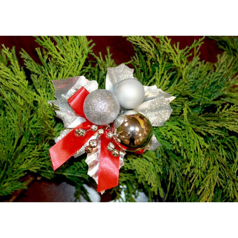 7" Christmas Ball Berry Leaves Pick, Silver, Set of 12 - 7