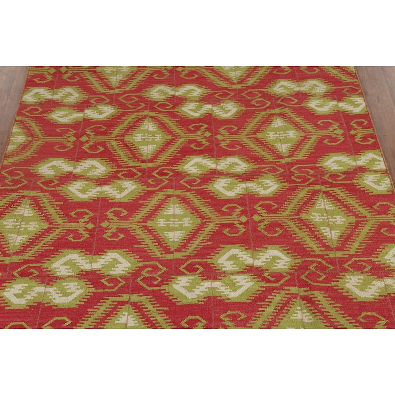 Geometric Kilim Oriental Area Rug Flatweave Pink Wool Carpet - 5'11"x 8'10"