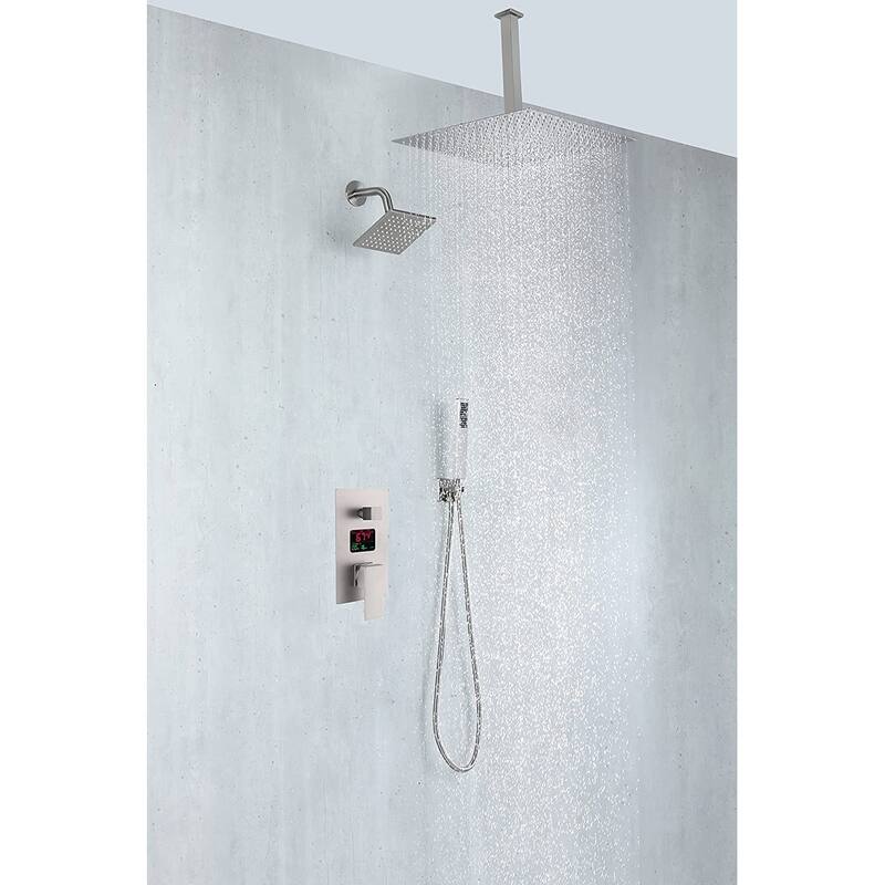 Brushed nickel ceiling mounted dual shower head 3 way digital display anti scald shower system - 7'6" x 10'9"
