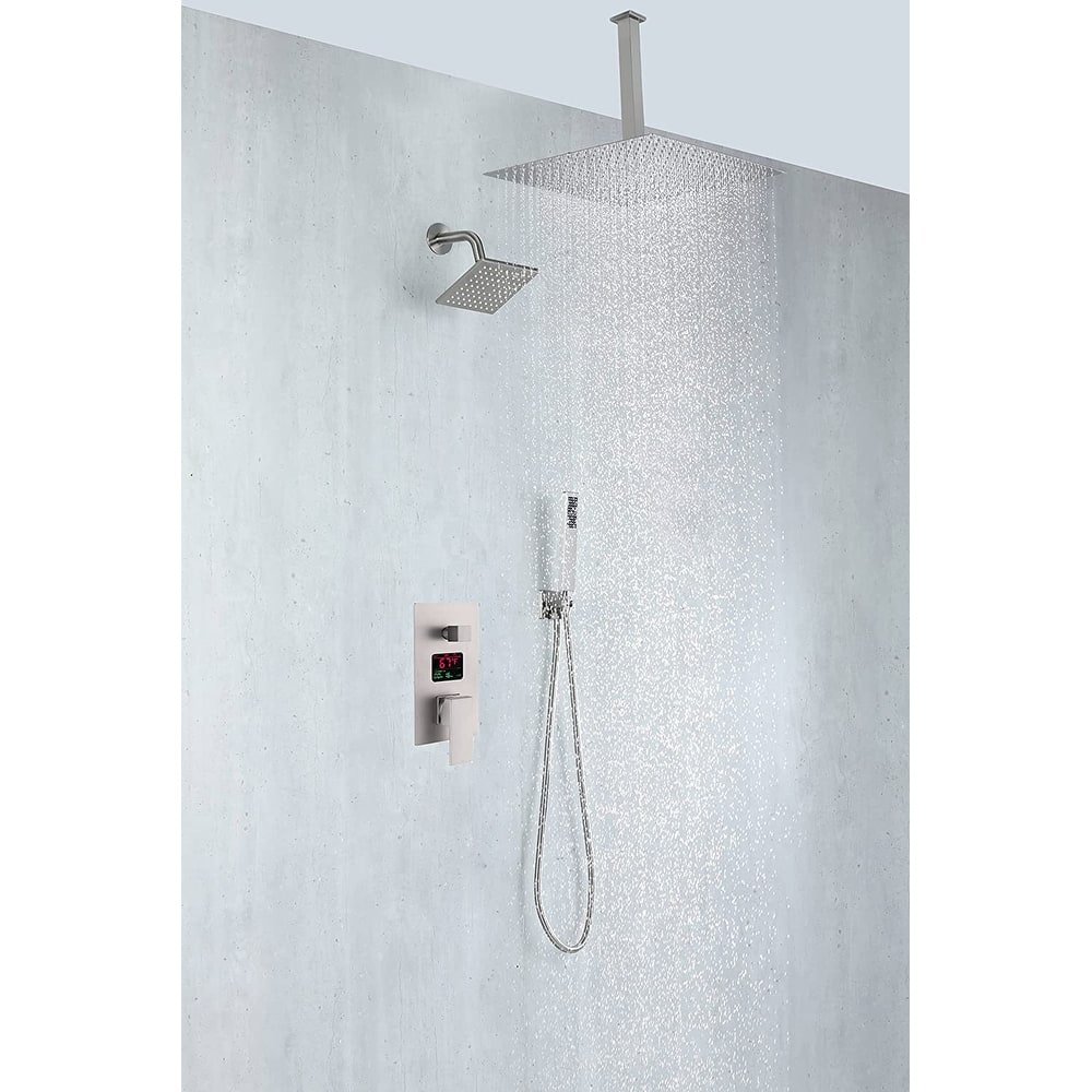 Brushed nickel ceiling mounted dual shower head 3 way digital display anti scald shower system - 7'6" x 10'9"