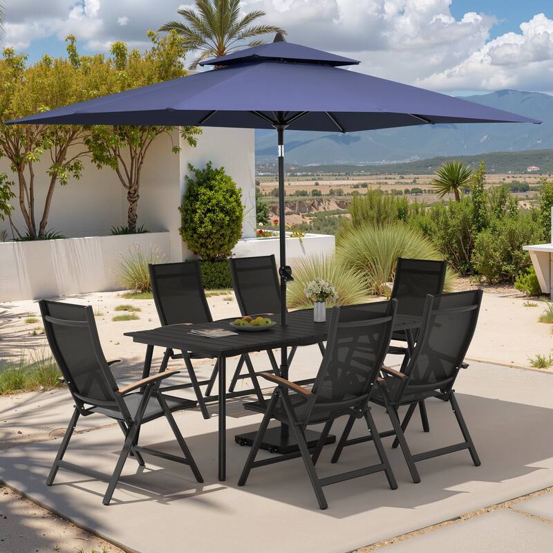 9PC Outdoor Patio Dining Set Aluminum Table with Folding Armchairs w/ Premium Market Umbrella Sets - BlackTable&BlackChairs&NavyBlueUmbrella