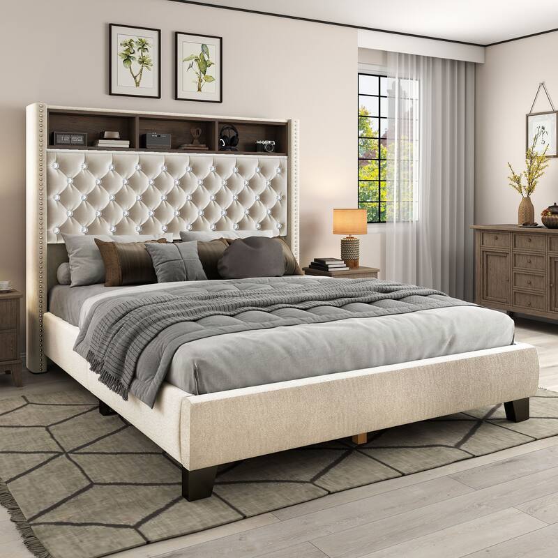 58" Tall Wingback Storage Headboard Bed Frame with USB Charging Stations and Deep Button Tufted