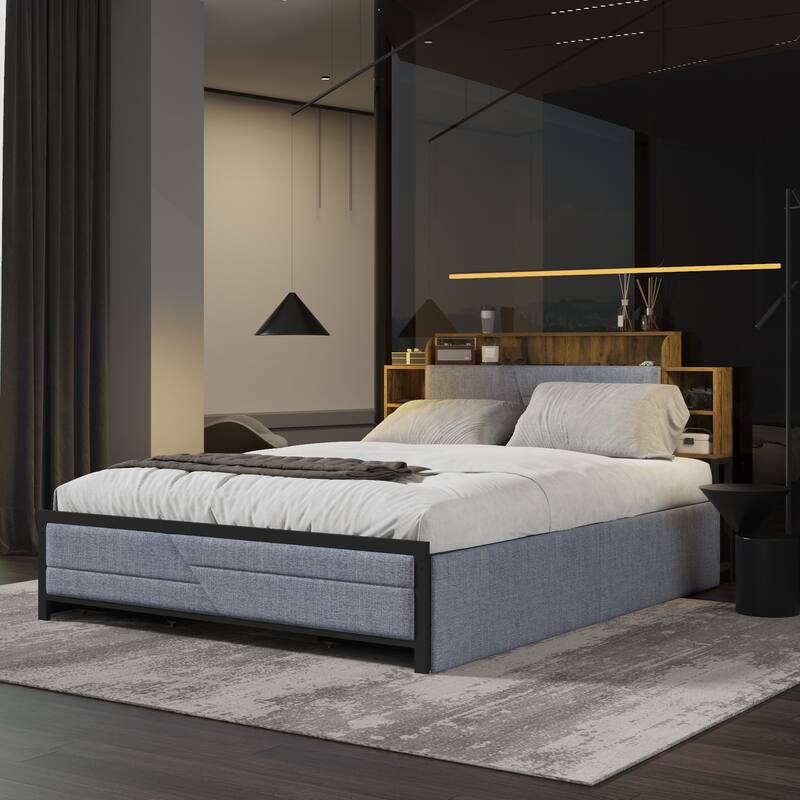 French Queen Size Bed Frame Platform with Brown/Black Storage Headboard & 4 Storage Drawers