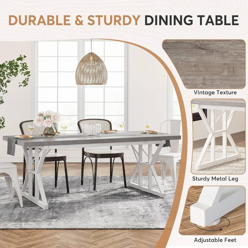 71" Farmhouse Dining Table X-Trestle Metal Legs Grey & White