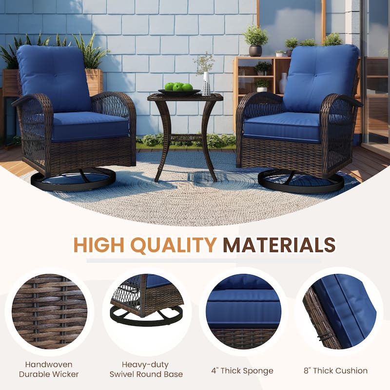 Outdoor Swivel Rocker Bistro Set - 3 Piece Wicker Patio Set with Swivel Rocking Chairs, Cushions, and Tempered Glass Side Table