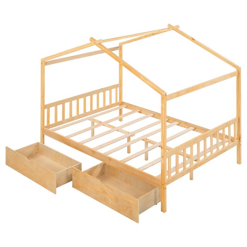 Full Size House Platform Bed with Storage Drawers, Roof, Headboard and Footboard