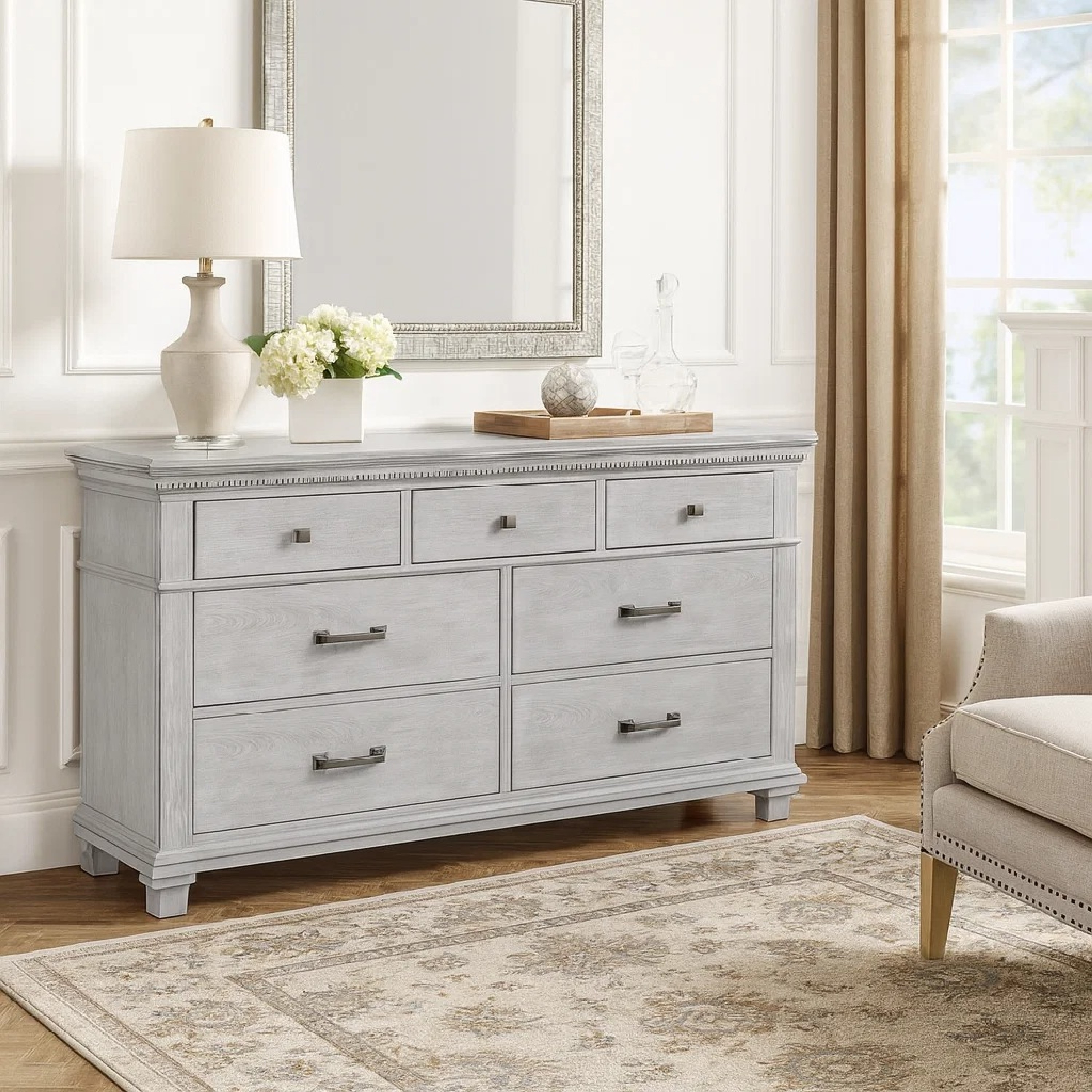 farmhouse grey dresser 6 Drawers for Bedroom, 54" Wide Large Dressers & Chests of Drawers w/Roman Column, Wooden Dresser TV Stand with Large Drawers for Nursery Bedroom Living Room Hallway,Dark Rustic Oak Features Reclaimed Oak Barnwood Pre Leyne Wide Dresser, 7 Drawers,