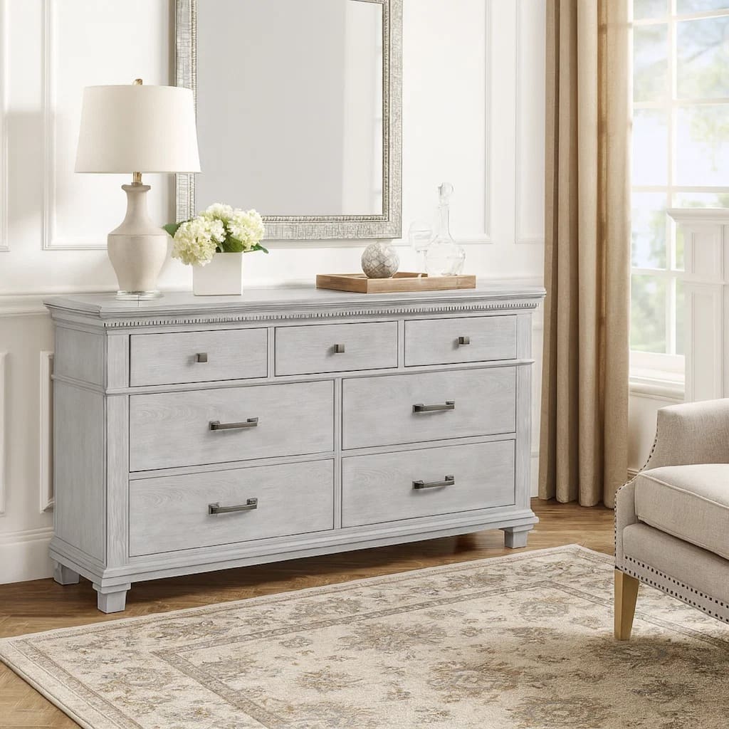 Leyne Wide Dresser, 7 Drawers, Farmhouse Weathered Gray Solid Wood