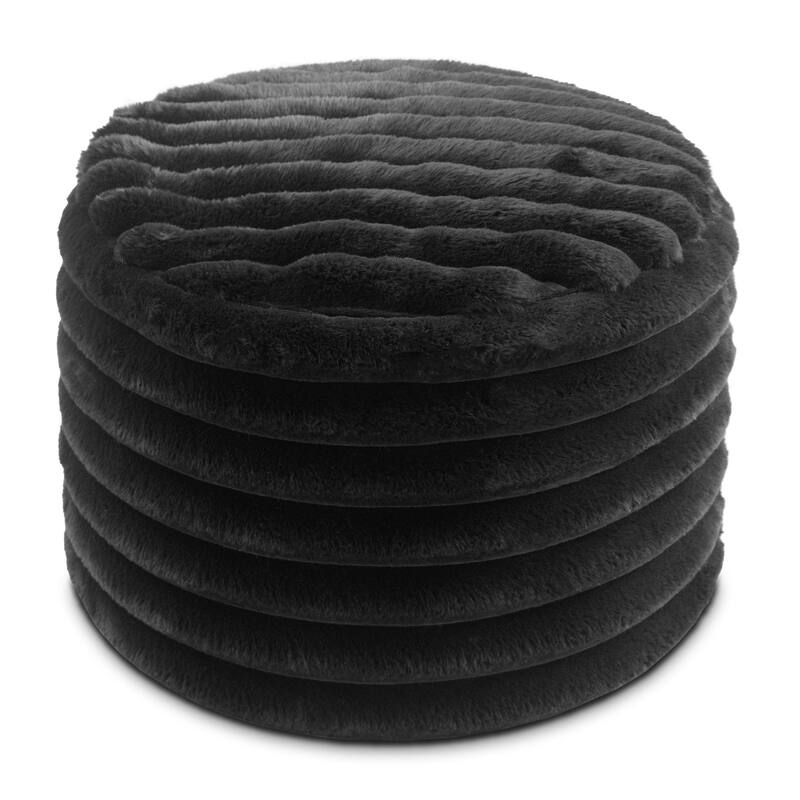Ribbed Faux Fur Plush Pouf Ottoman - 22" - Black
