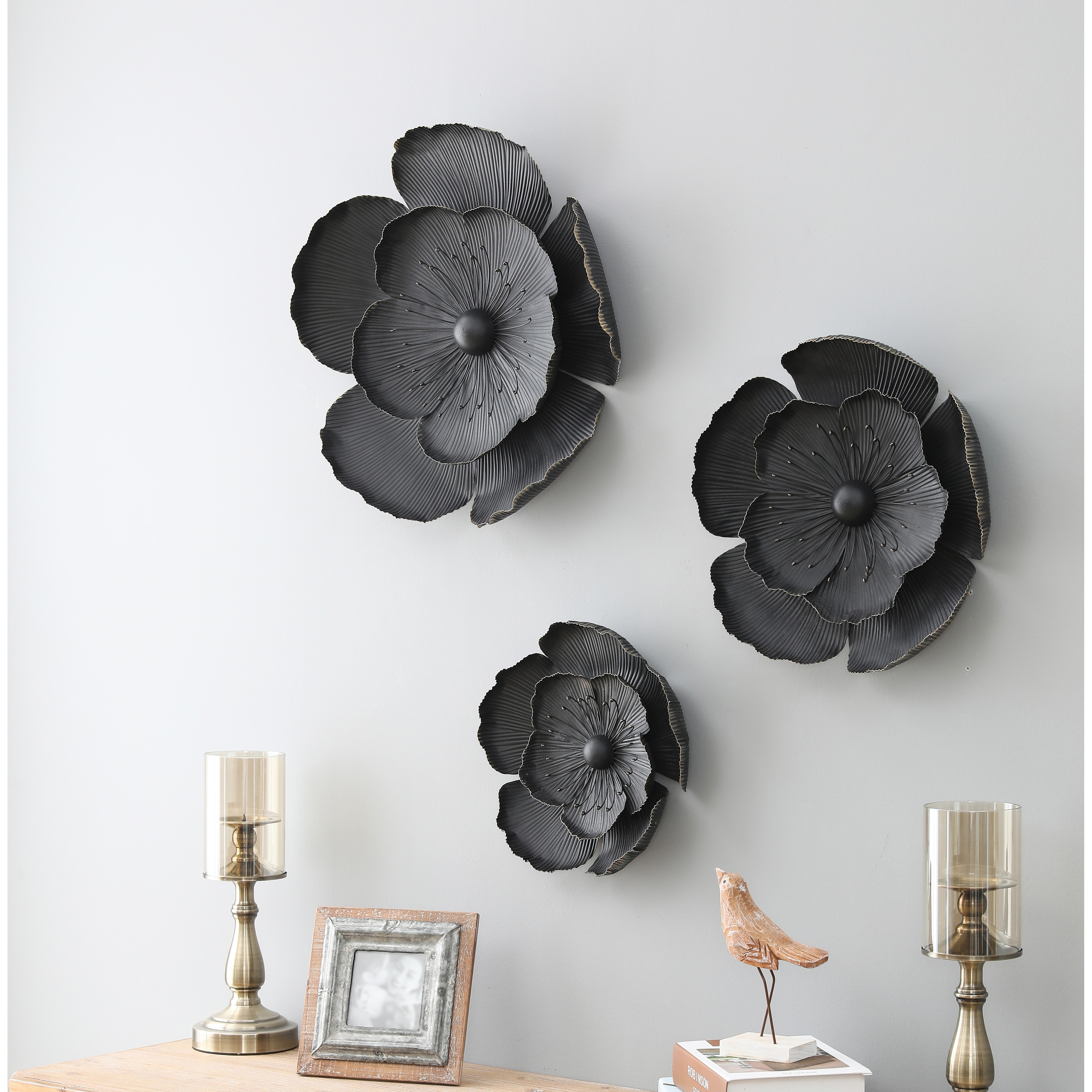 Black Multi Size Metal Flowers Wall Decor Set of 3 On Sale