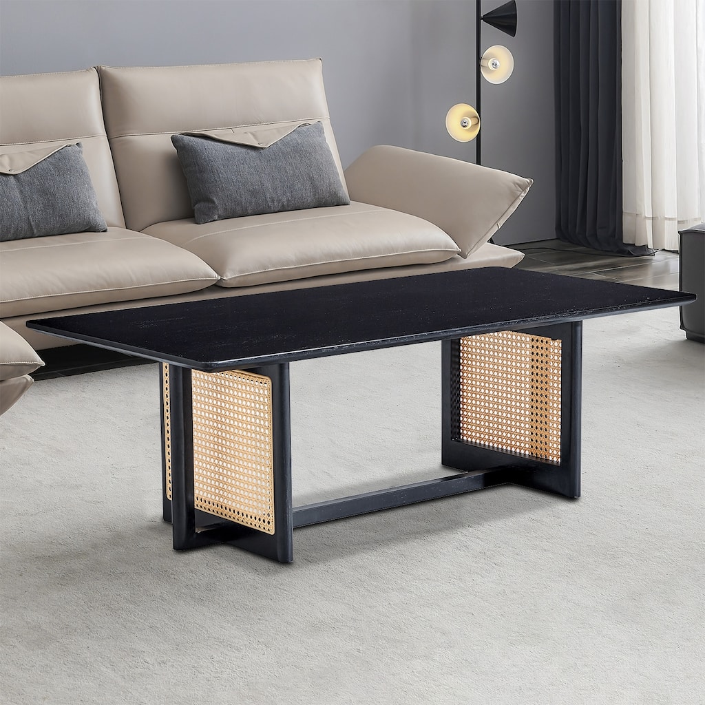 Modern Farmhouse Style Wooden Coffee Table with Imitation Rattan Decoration