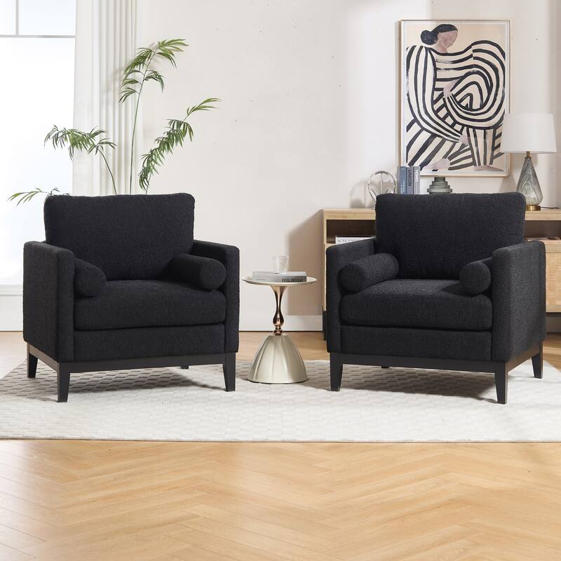 35.4"W Modern Reading Chair Set of 2,Upholstered Accent Chair with Pillows and Wood Legs - Black/Black Leg
