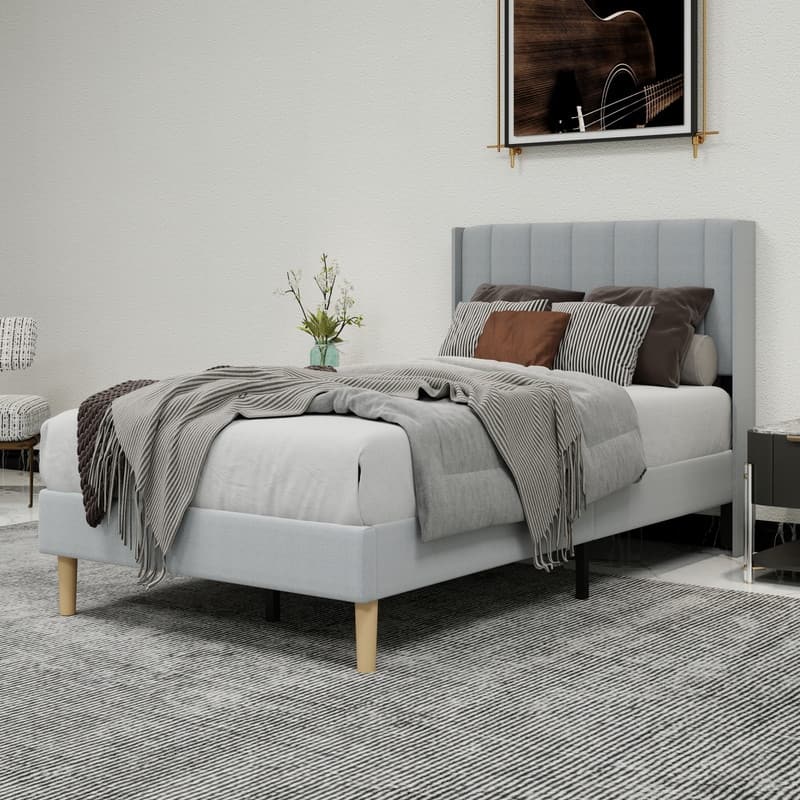 Caxkun Upholstered Platform Bed Frame with Wingback headboard - Grey - Twin