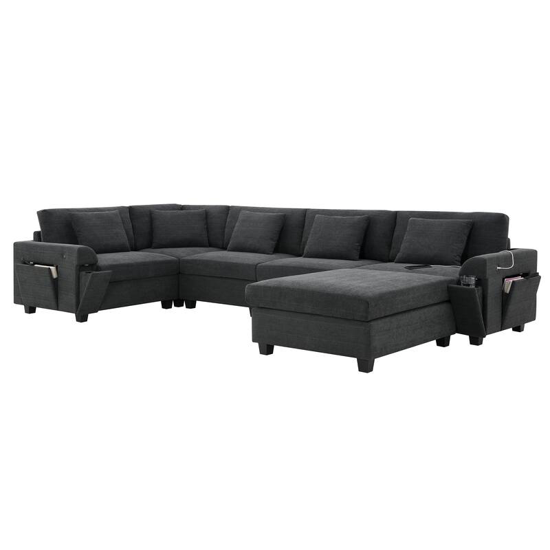 U Shaped Sectional Sofa with Ottoman, Chenille 6 Seater Sofa with Hidden Armrest Storage, Cup Holders & USB Charging Ports