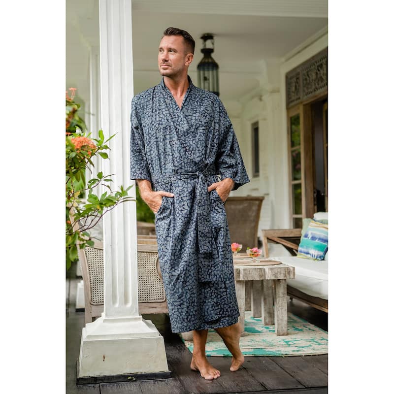Novica Handmade Blue Midnight Mens Batik Cotton Robe