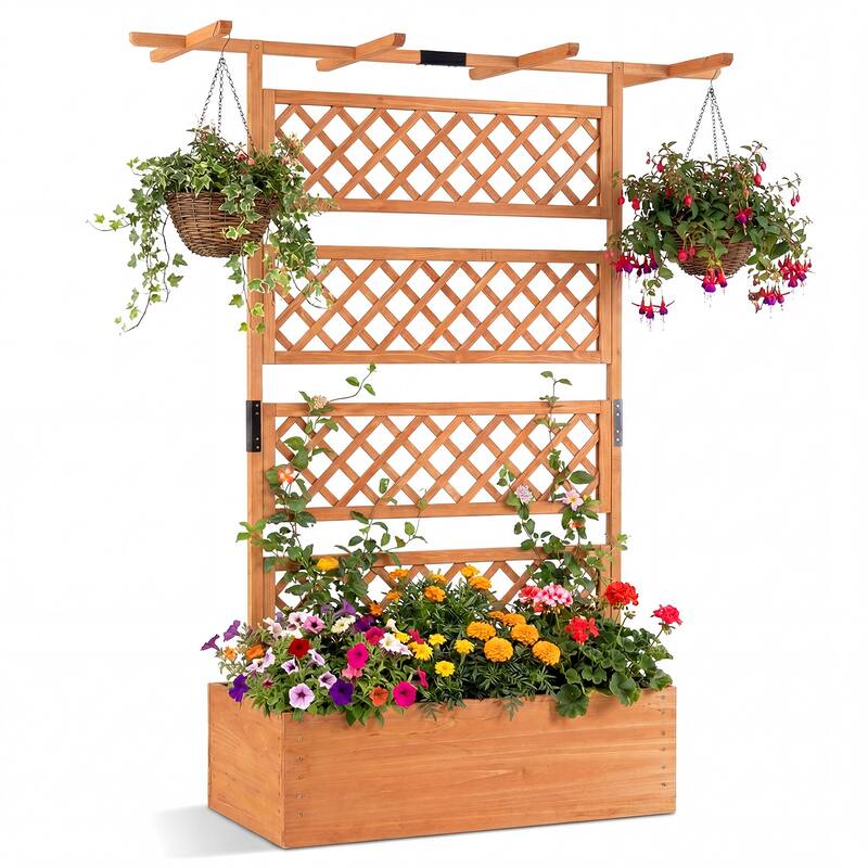 Gymax 72'' Wooden Planter Box w/Lattice Trellis Flat Roof Drainage for - Orange