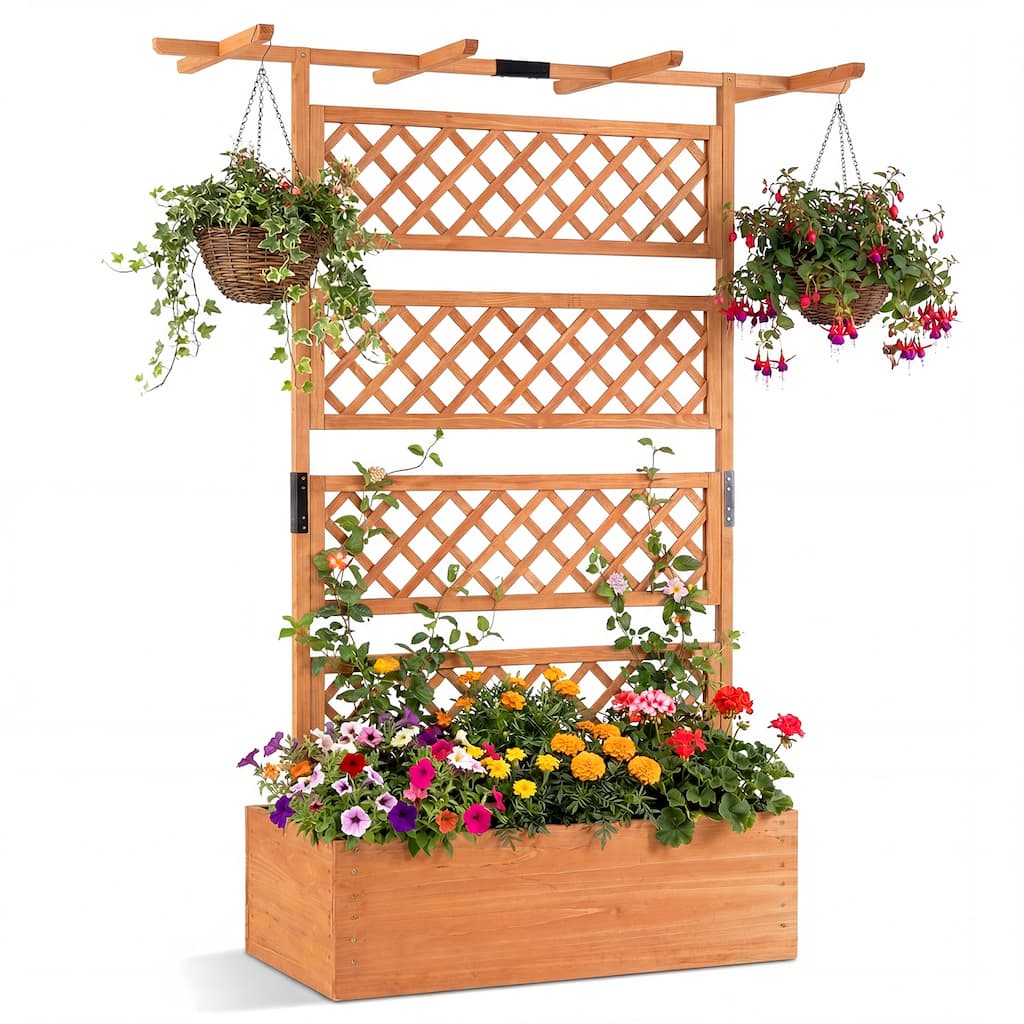 Gymax 72'' Wooden Planter Box w/Lattice Trellis Flat Roof Drainage for