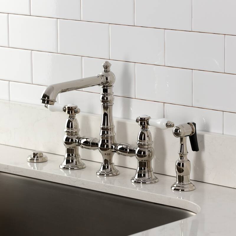 Kingston Brass Bel-Air Two-Handle 4-Hole Deck Mount Bridge Kitchen Faucet with Brass Side Sprayer