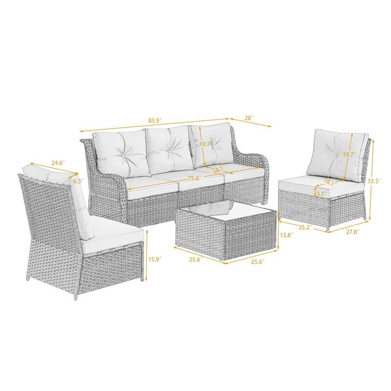 5-Person Outdoor Wicker Patio Conversation Sets with Table and Cushion