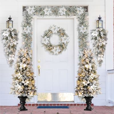 Glitzhome 5FT Pre-Lit Flocked Pine Artificial Christmas Porch Tree with 150 Warm White Lights and Poinsettia