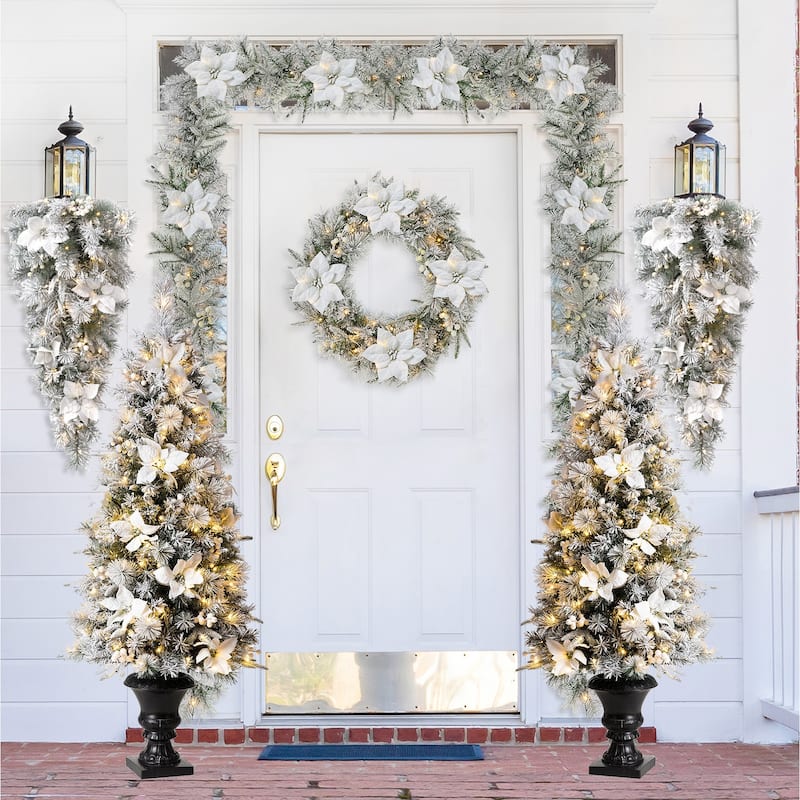 Glitzhome 5FT Pre-Lit Flocked Pine Artificial Christmas Porch Tree with 150 Warm White Lights and Poinsettia - 7pk 5FT & Wreath & Garlands & Teardrop
