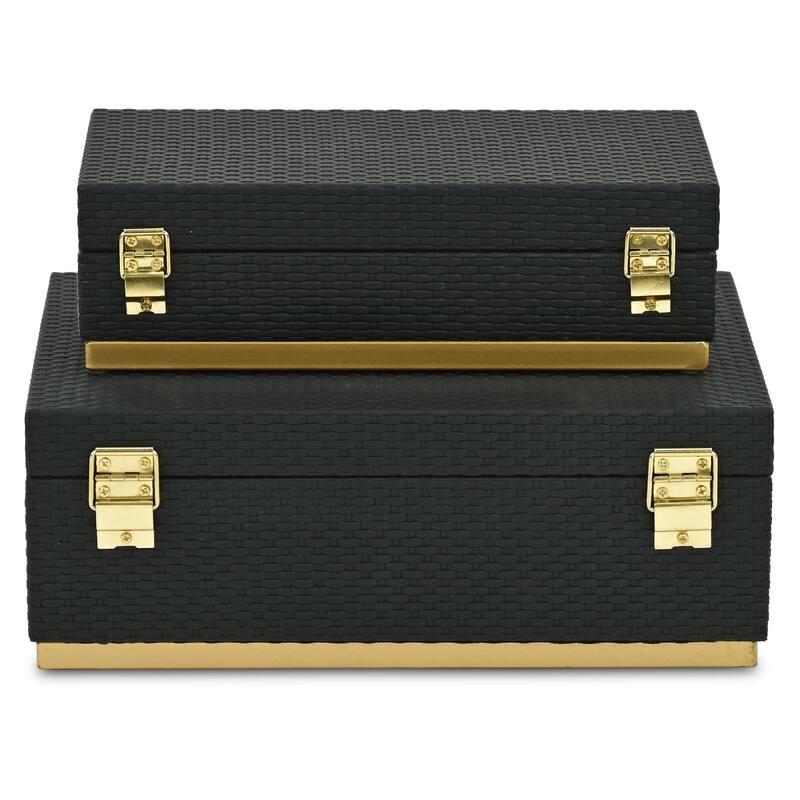 Tamsin Set of 2 Rectangular Decorative Storage Boxes - Wicker Weave Pattern with Gold Hardware