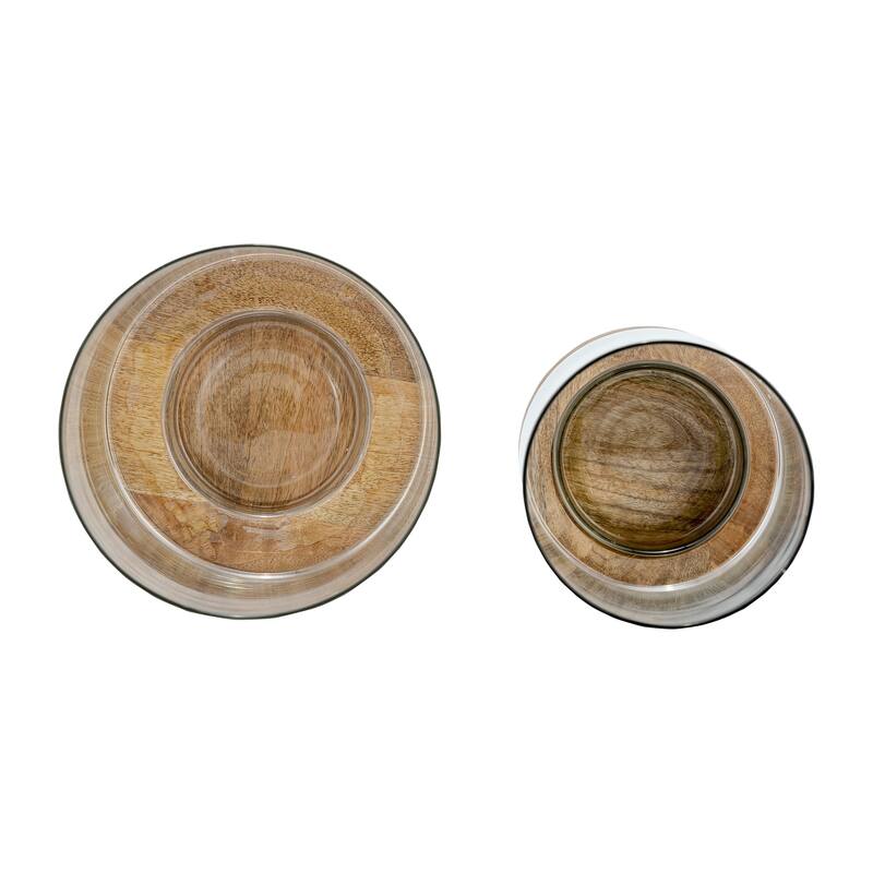 Glass and Wood Candle Stands for Pillar Candles - Set of 2, 9" & 11" Natural