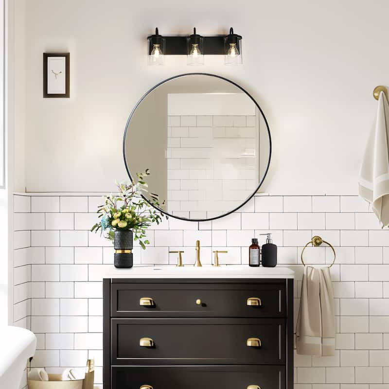 Modern Industrial 3-Light Bathroom Vanity Light Black Glass Wall Sconces - W 21.7" x D 3.9" x H 8.9"