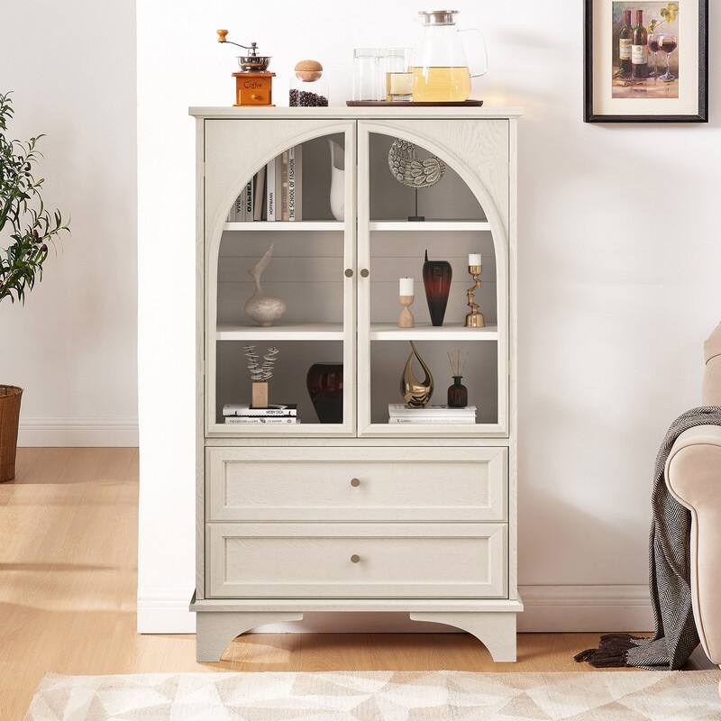 52.17"H Glass Door Display Case Storage Cabinet with Adjustable Shelf and Drawers for Stylish Organization - White