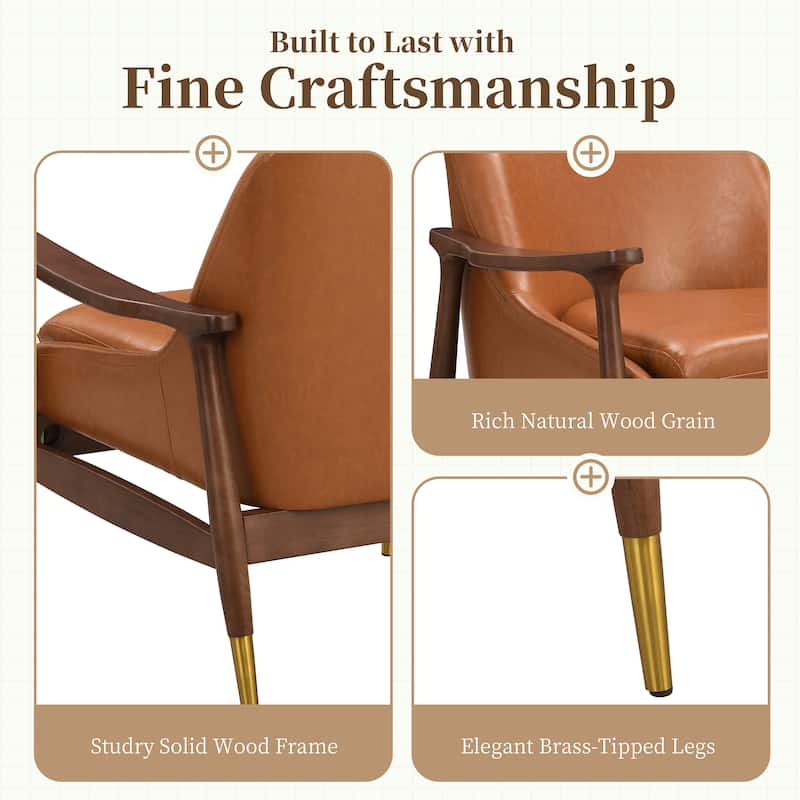 Roomfitters Mid-Century Faux Leather Accent Chair with Cushioned Seat, Solid Wood Frame and Brass-Tipped Legs