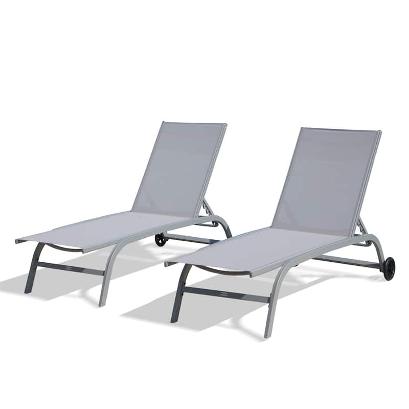 GDFStudio - Chaise Lounge Outdoor Set of 3, Adjustable Lounge Chairs with Wheels - Grey/Double Chaise