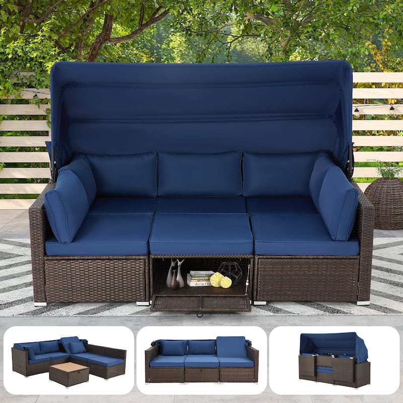 EROMMY 6-Piece Patio Furniture Set, Rattan Daybed with Canopy and Adjustable Backrest - Blue