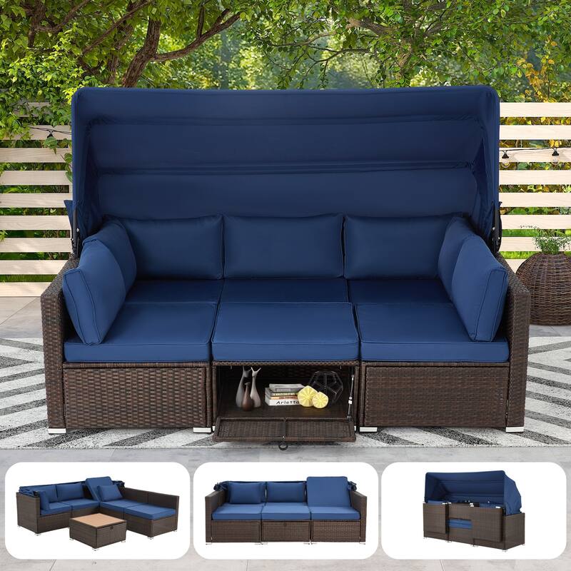 Erommy 6-Piece Patio Set - Rattan Daybed with Canopy & Adjustable Backrest - Blue