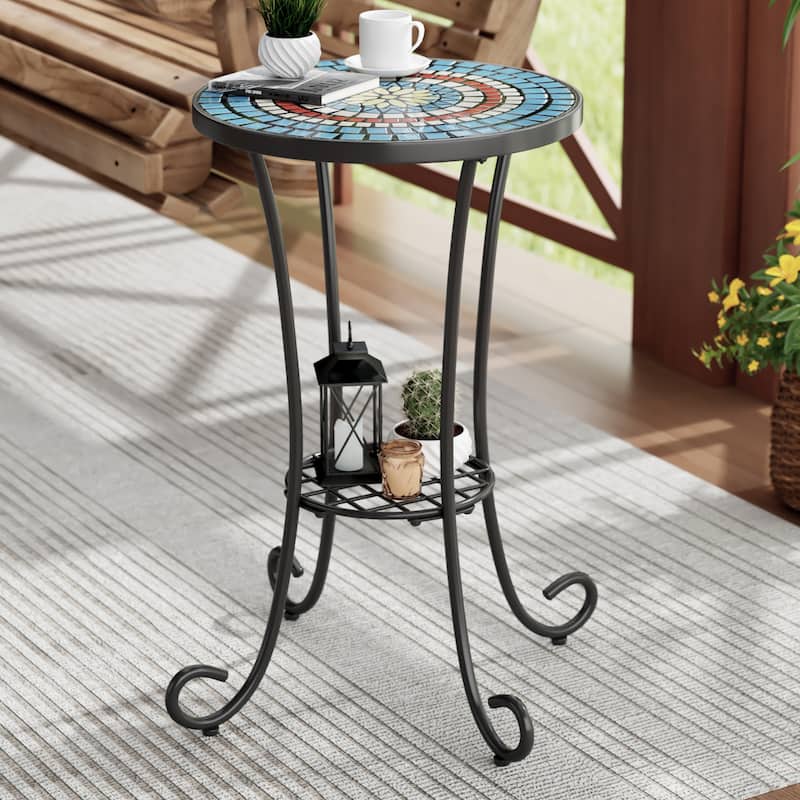 Christopher Knight Home - Camille Ceramic Tile and Iron Outdoor Side Table with French Country Charm - Blue+ Black