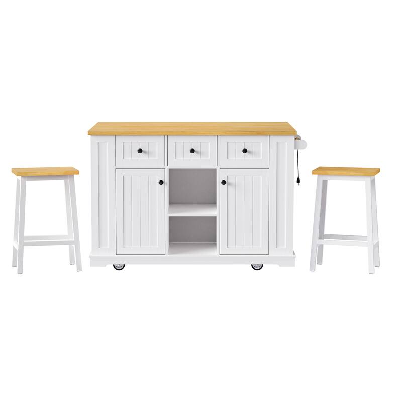 53inch Large Kitchen Island with 2 Bar Stools, Power Outlet,Door Internal Storage Rack, Kitchen Storage cart with Drop Leaf