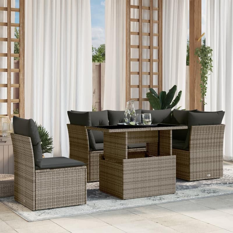 vidaXL Patio Sofa Set with Cushions Outdoor Furniture 6 Piece Poly Rattan - 21.7 x 39.4 x 28.7 in - Gray