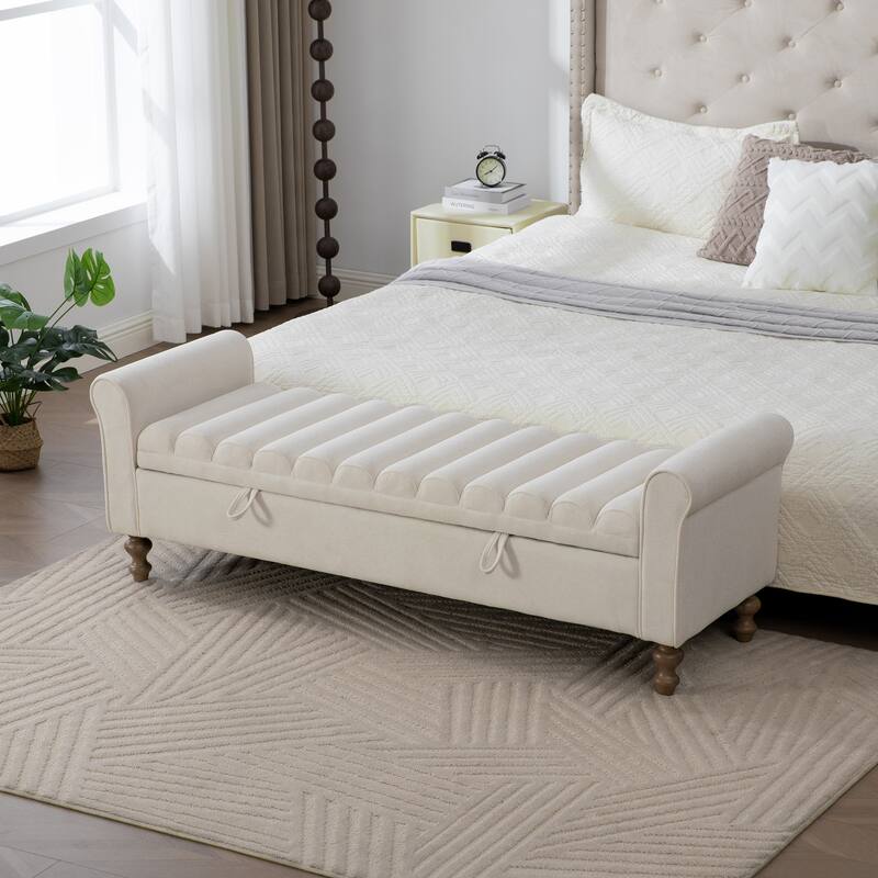 65.55" Storage Ottoman Bench, Bed of End Bench Upholstered Bench with Rolled Armrests - Beige