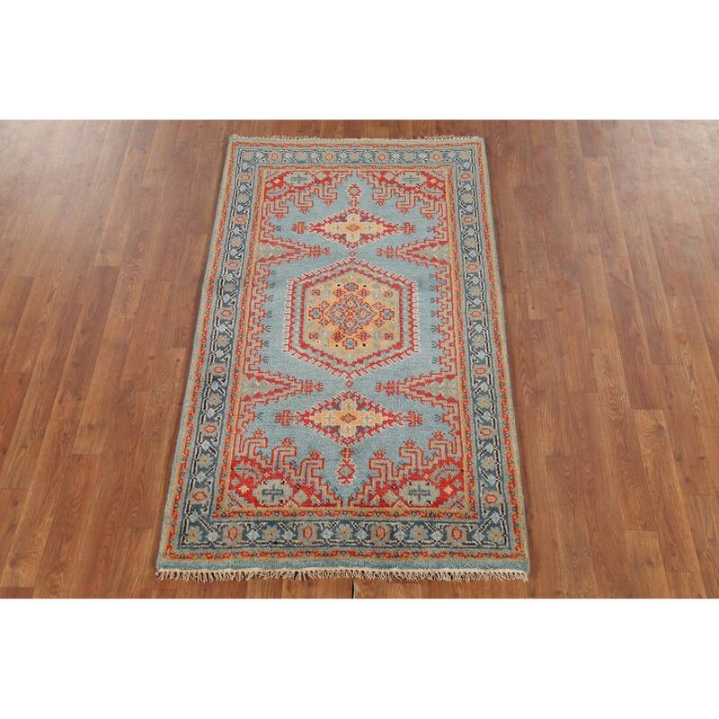 Light Blue Geometric Viss Indian Accent Rug Hand-Knotted Wool Carpet - 3'0"x 5'0"