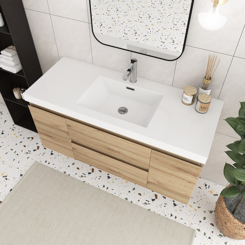 Angela Wall Mounted Bathroom Vanity in F. Oak with White Cultured Marble Top