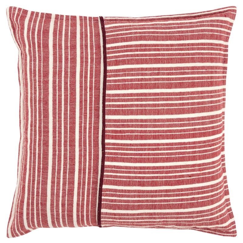 HomeRoots 20" Red and Ivory Striped Cotton Throw Pillow