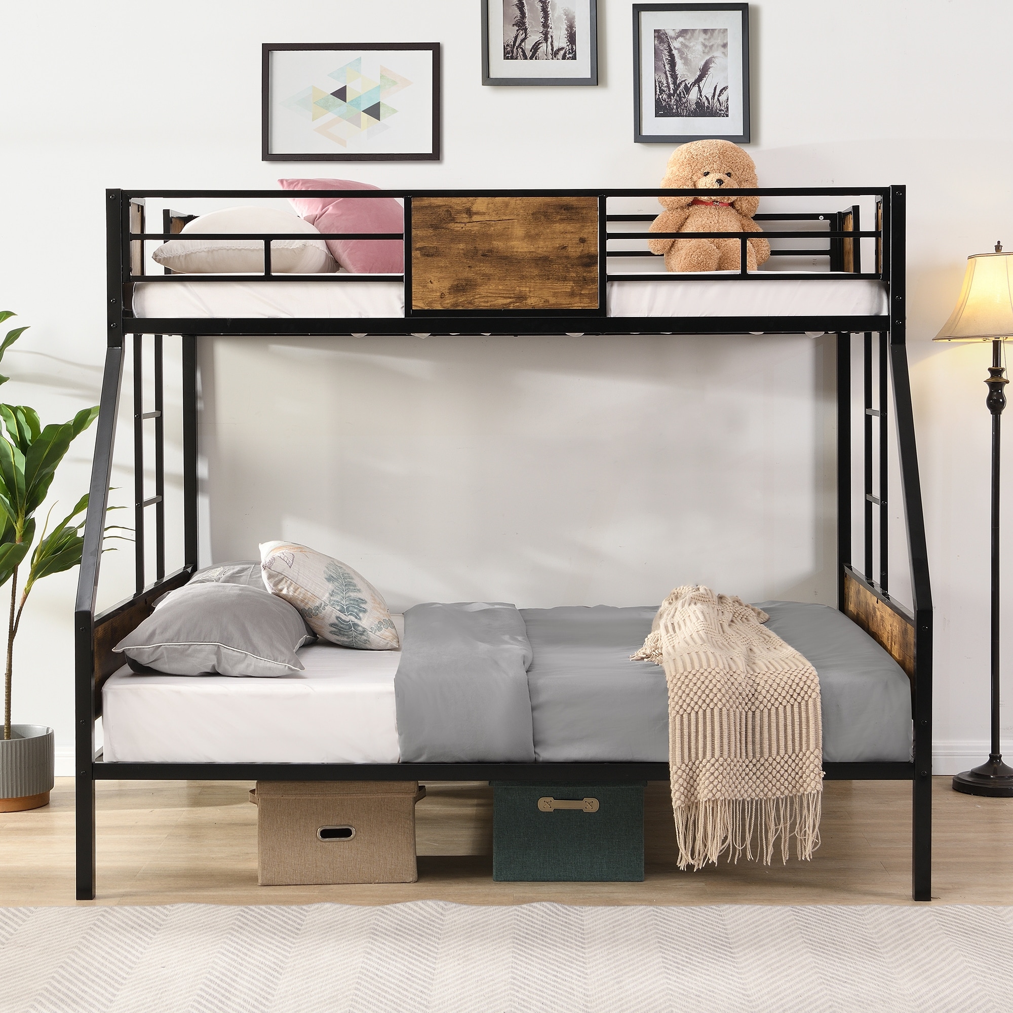 Black+Brown Twin over Full Size Metal Bunk Bed with Side Ladder and Full-Length Guardrail, No Box Spring Needed