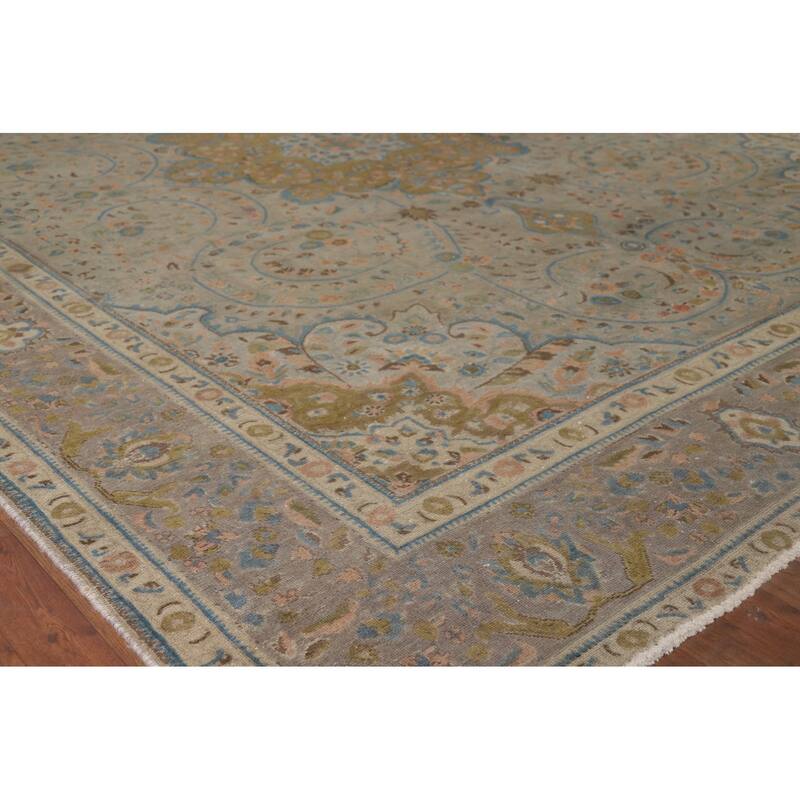 Distressed Tabriz Vintage Persian Rug Hand-Knotted Grey Wool Carpet - 9'11" x 12'10"