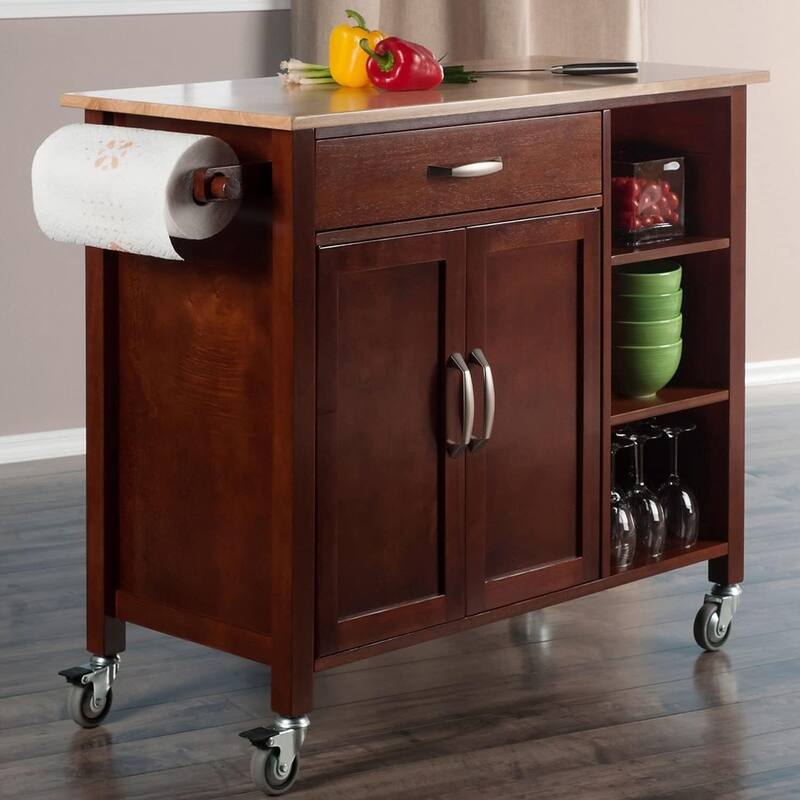 Kitchen Cart with Storage - Mobile Island, Walnut & Natural Finish, Open Shelves, Drawer, Cabinet