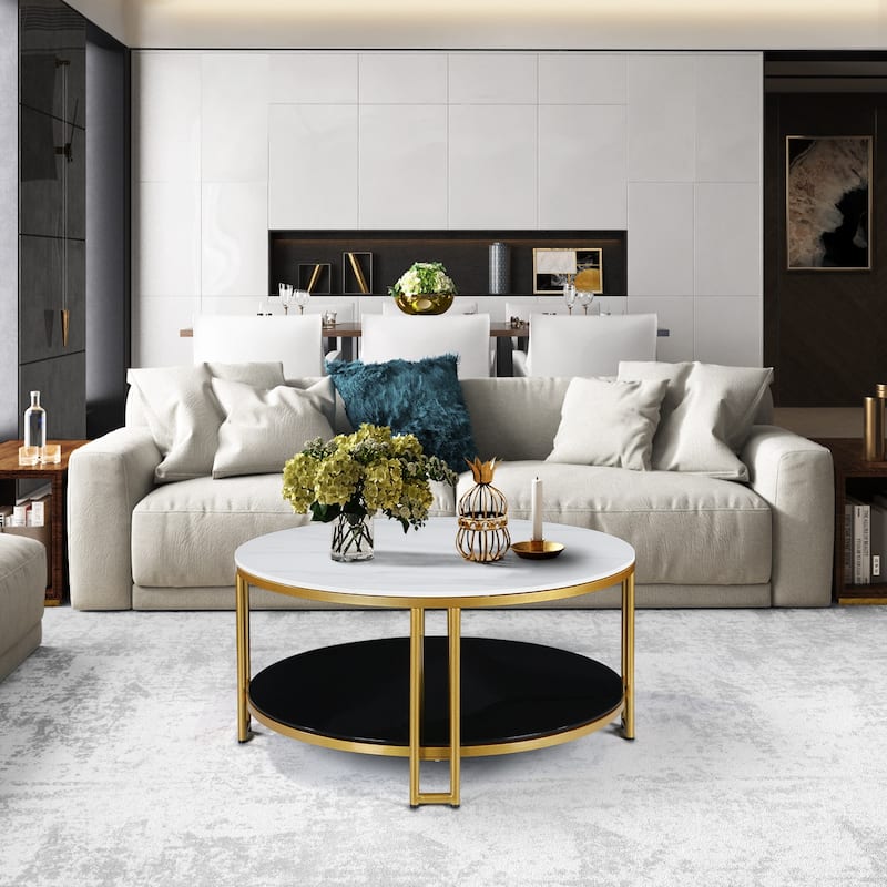 Nesia Modern Accent White Marble Gold Coffee Table Round Sofa Cocktail Double Layer Storage Table Brass Legs - 36''D x 17.5" H