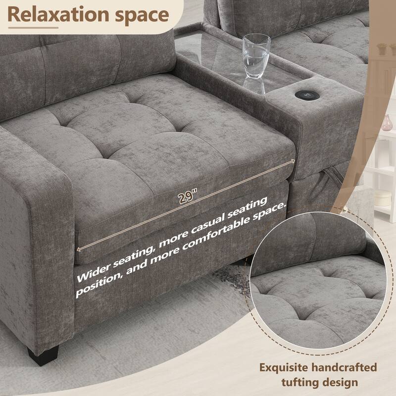 L-shape Chenille Sectional Sofa with 2 Acrylic Consoles Table Top, USB Charger, 2 Drawers, Pockets and Ottoman for Living Room